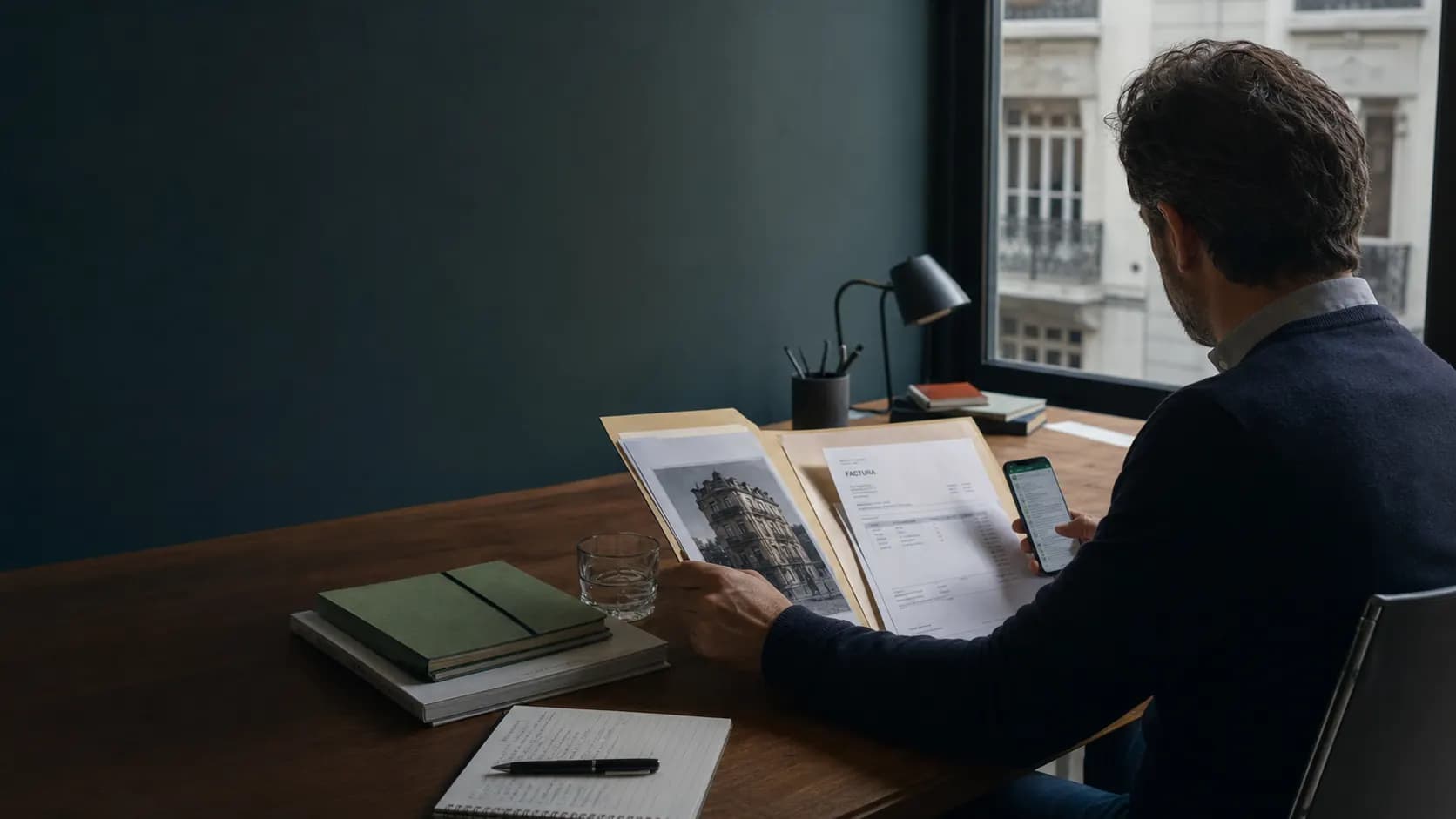Profesional revisando documentación y movimientos de un alquiler.