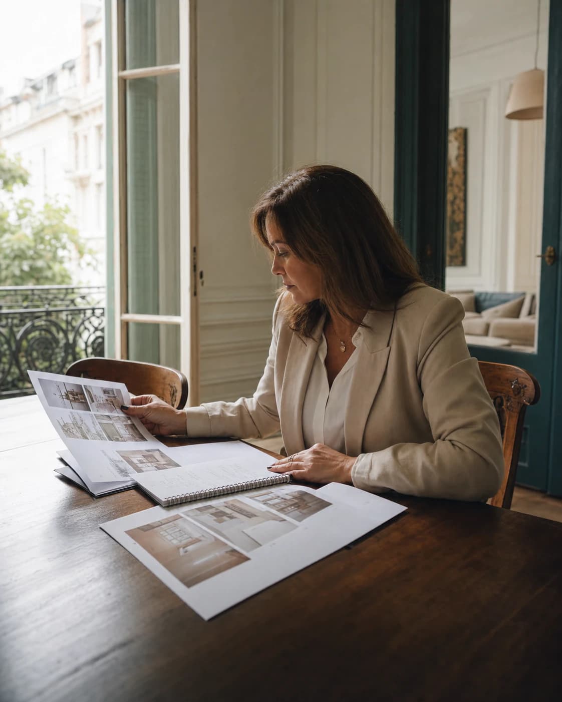 Asesora revisando comparables de propiedades durante el estudio de mercado.