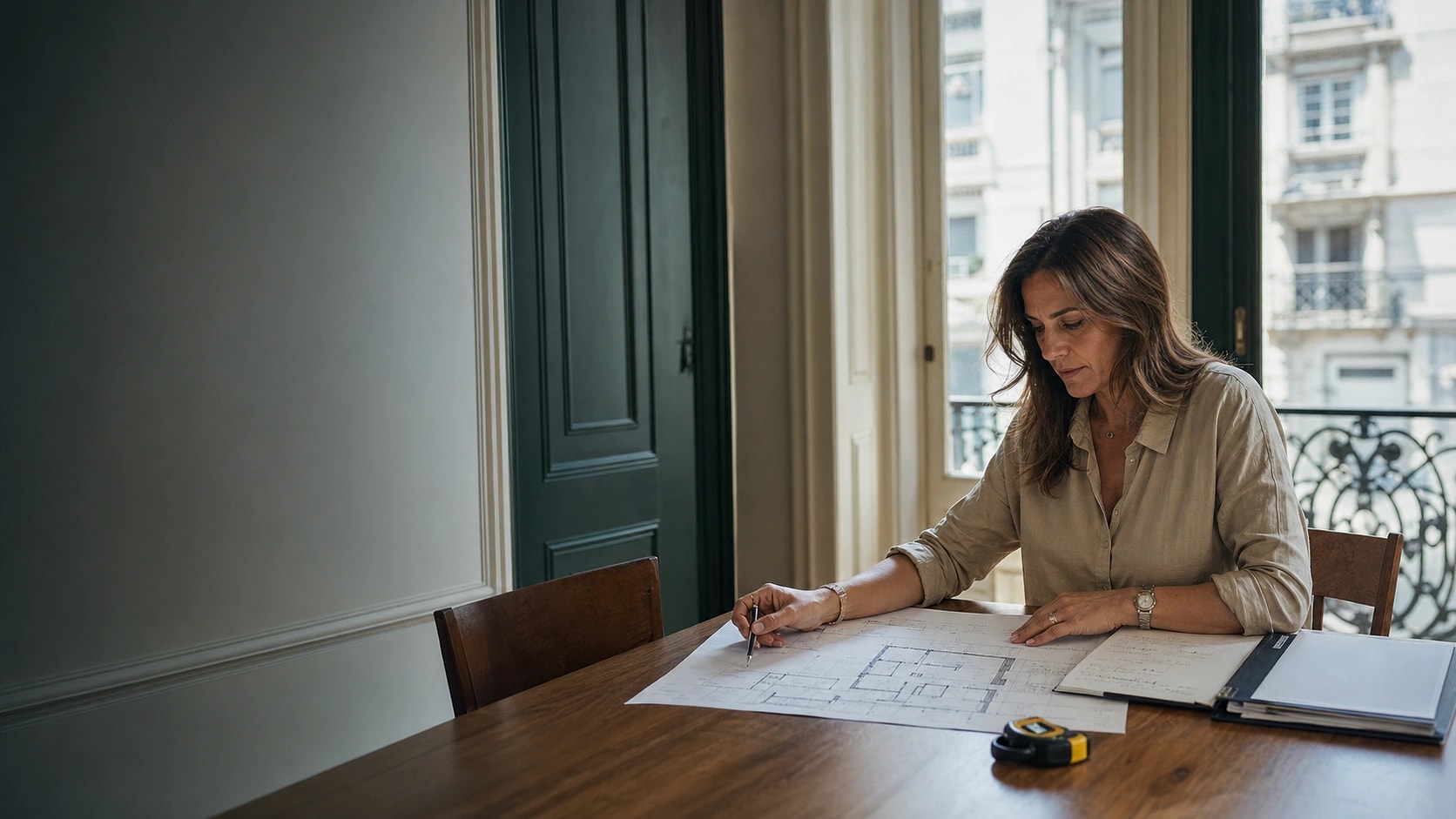 Asesora revisando el plano de una propiedad durante una tasación inmobiliaria.